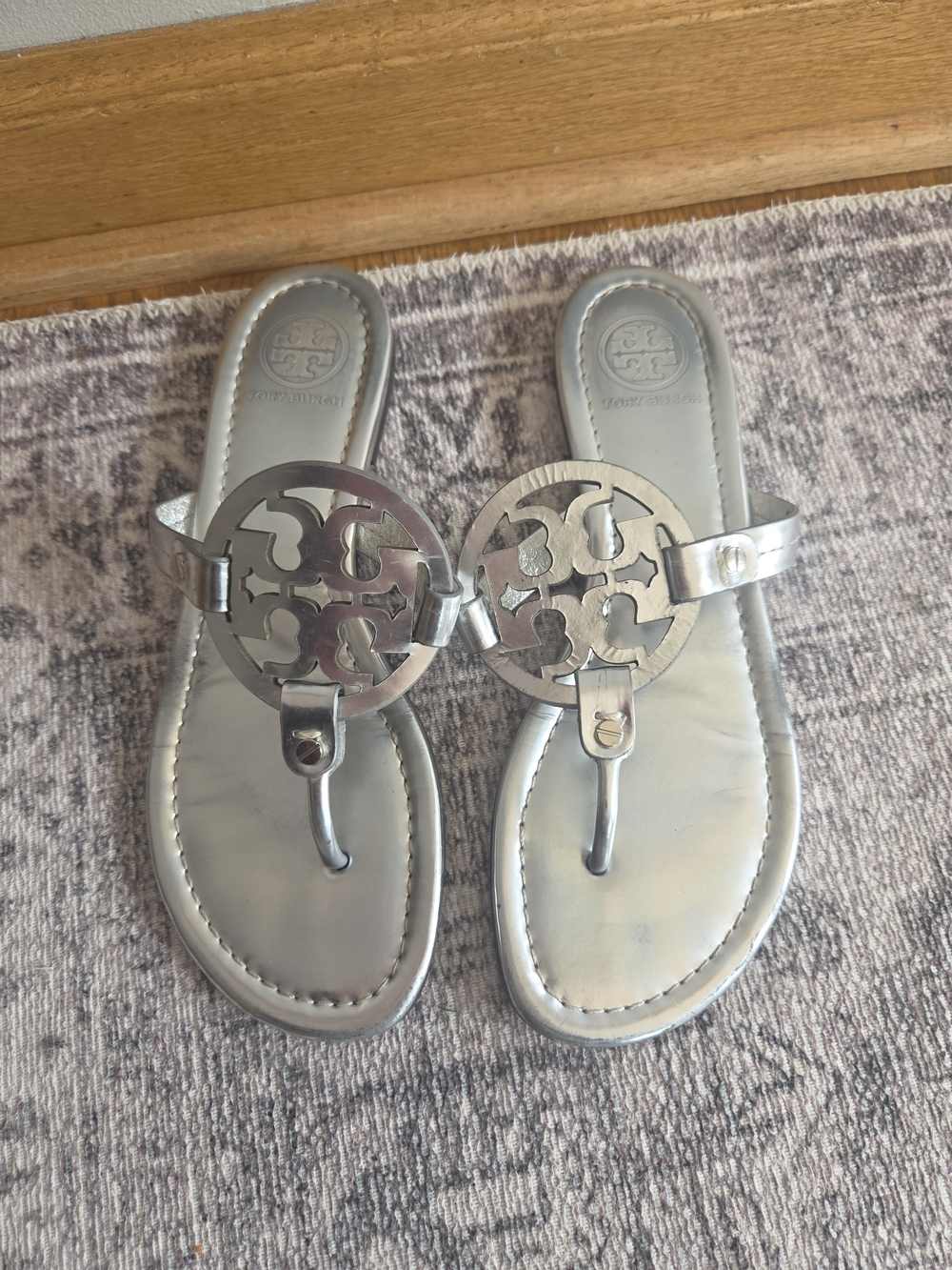 Tory Burch Silver Logo Thong Sandals